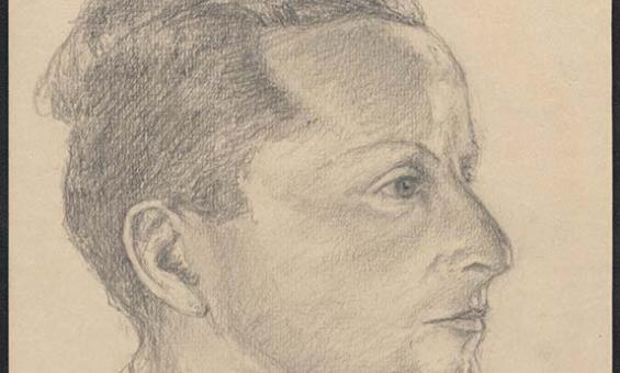 Charcoal on paper sketch of the head and shoulders of a young man. He has hair neatly swept back. He is wearing an collared white shirt with the collar open. He is in profile staring off to the right.