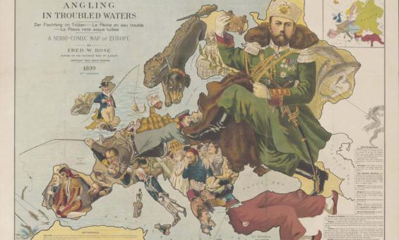 A caricature map of Europe with each country depicted as an angler having various levels of success in hooking colonies.