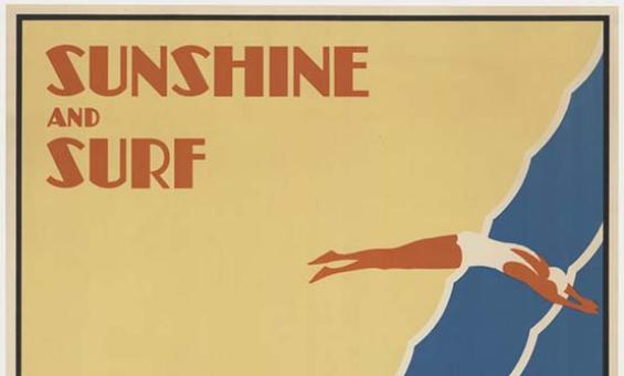 blue, yellow, and red poster advertising the beach