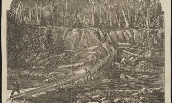 A detailed 1867 wood engraving illustrating Chinese miners engaged in ground-sluicing near Beechworth, Victoria. The scene captures a forested landscape with miners working along a wooden sluice system directing water through rocky terrain. The foreground features a still water pool, while the background shows cascading water and dense trees.