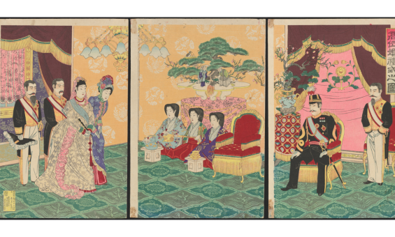 The Japanese print set depicts the ceremonial scene of marriage of very high class couple, possibly the emperor and his would be wife; various traditionally Japanese customs can be observed, and at the same time, Western influences in clothing and decorations are also eminent.