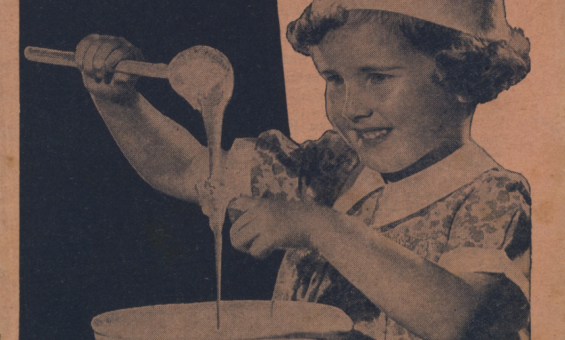 Detail of book cover for ‘Cooking Recipes You Will Like’, featuring a child with a wooden spoon and mixing bowl.