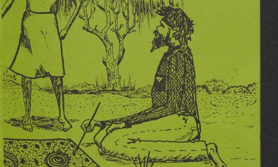 Green book cover, with a kneeling man painting, someone is talking to him, book is titled Palulanguru kungka ngalyankula wangkangu tjilpi palumpakutu