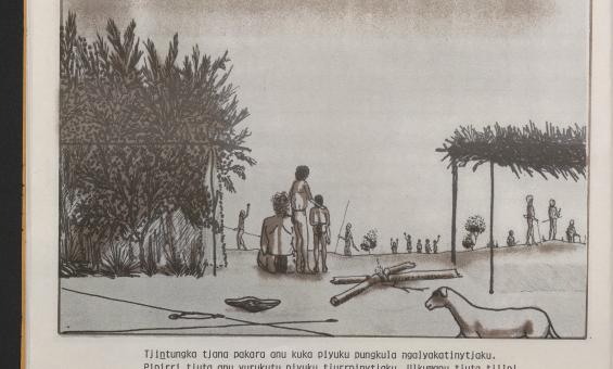 Page from 'maamangku mgurriningi palumpa yuntalpaku', line art depicting a group of three watching community