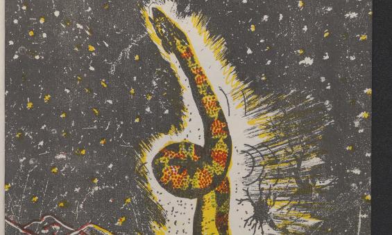 A black snake, with red and yellow snake emerging from the darkness a white and yellow glow surrounding it