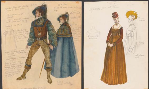 Two costume designs, one for a man the other for a woman, with annotations. The man's costume features a blue and green shirt with puffy sleeves, a brown vest, boots, a blue hat and an optional blue cloak. The woman's costume is an orange gown with a small headpiece.