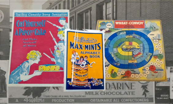 Three colourful advertisements, including a board game, photoshopped on a black and white background