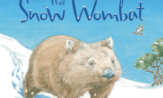 Book cover with blue text reading 'The Snow Wombat' and an illustration of a wombat walking through snow on a bright cloudless day