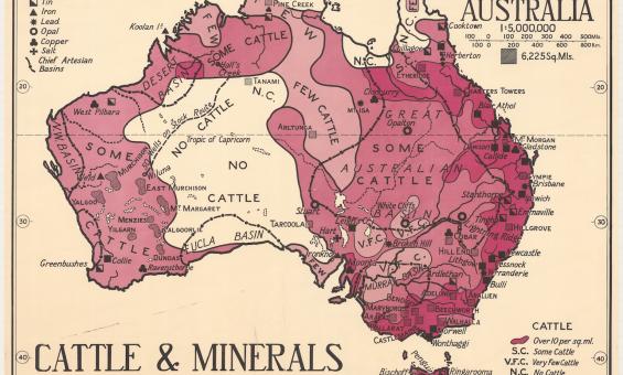 A 1920s map of Australia showing distribution of cattle and minerals