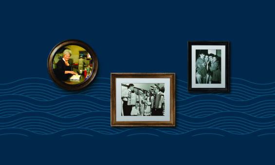 Three framed photographs on a blue wall with a subtle wave pattern.