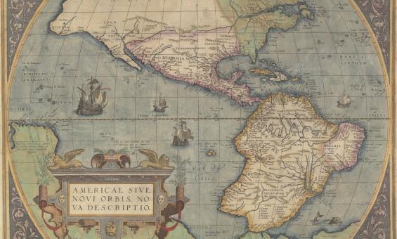 An old map that shows North and South America, with the text on the map all written in latin.