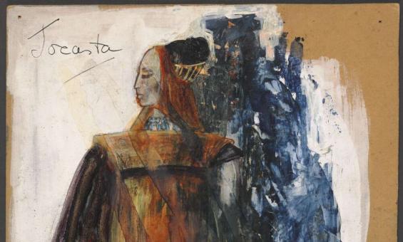 A stylized sketch of a regal figure in profile, draped in layered, flowing garments of deep browns, reds, and oranges. The figure wears a structured headpiece, with dark hair tied up. A textured, abstract background in blue and white contrasts with the rich colours of the clothing. The figure stands poised and dignified, gazing slightly downward.