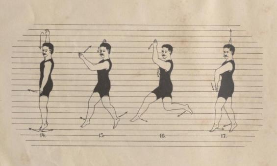Four illustrations of a man demonstrating the different stages of executing a swimming stroke.