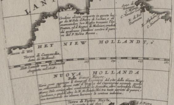A black and white map showing Australia, then called New Holland, in the late 1600s.