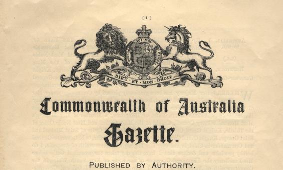 Front page of the Commonwealth of Australia Gazette, with a large image of the Australian coat of arms at the top