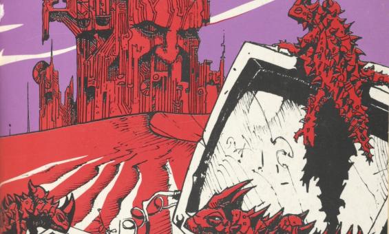 In the foreground, spiky lizards climbing a broken computer, and in the background a large imposing red structure in front of a pink sky