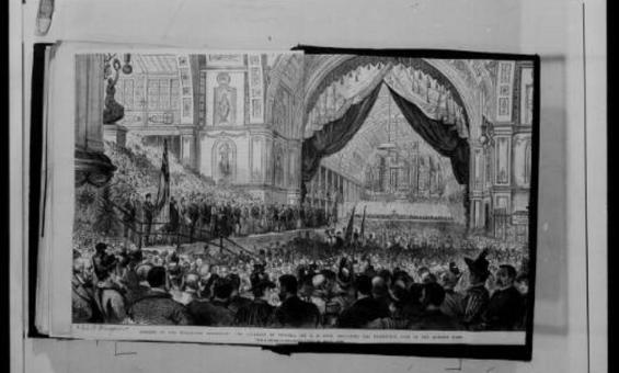 A black and white drawing depicting a very large crowed of people inside an ornate building watching a parade of people and flags entering the building.