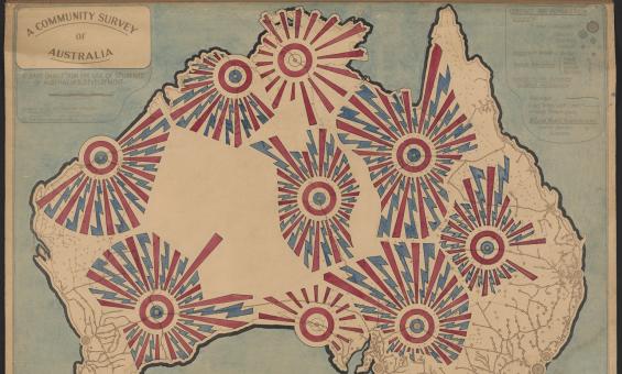 Hand coloured manuscript map of Australia, on base map titled 'A community survey of Australia', showing reach of Flying Doctor Service in red and reach of wireless communication in blue. Shows locations as Wyndham, Port Hedland, Kalgoorlie, Alice Springs, Cloncurry and Charleville and Broken Hill.