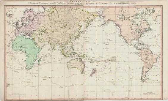 An antique world map titled 'General Chart' showing the discoveries made by Captain James Cook during his voyages.