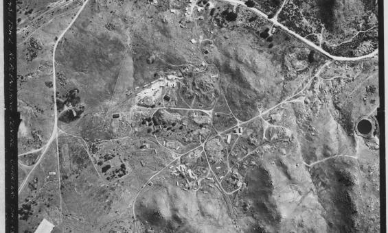 A black and white aerial image of Charters Towers. 