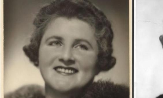 Two portrait photographs side by side. The one on the left is a sepia toned image of a woman with a 1950s hairstyle and a fur around her neck The one on the right is a black and white image of a woman with a 1950 hairstyle wearing a dark velvet-looking dress.