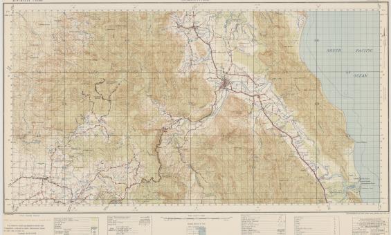 Topographic map of Gordonvale, Queensland, showing contour lines, roads, rivers, and coastal areas, with military notations from 1942.