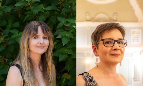 Collage of two headshots. On the left, a woman with brown and blonde hair, fair skin and a fringe standing in front of a hedge. On the right a woman with large glasses and a pixie cut smiling and standing in a bright, old fashioned looking room