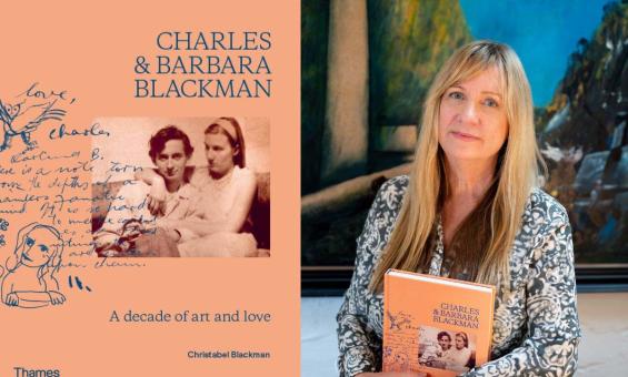 The left hand side of the image is the front cover of the book 'Charles &amp; Barbara Blackman: A Decade of Art and Love'. The right hand side of the image is a portrait photograph of a woman with long hair holding a book.