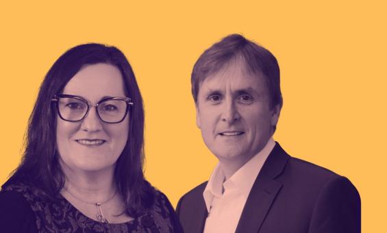 An orange background overlaid with black and white images of a woman and a man.