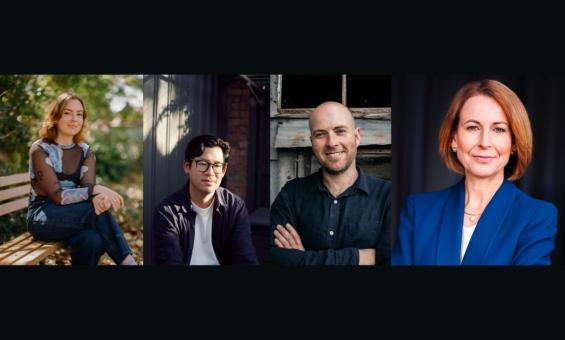 Four photographs of people smiling. Two of the photographs are of women and two are of men.