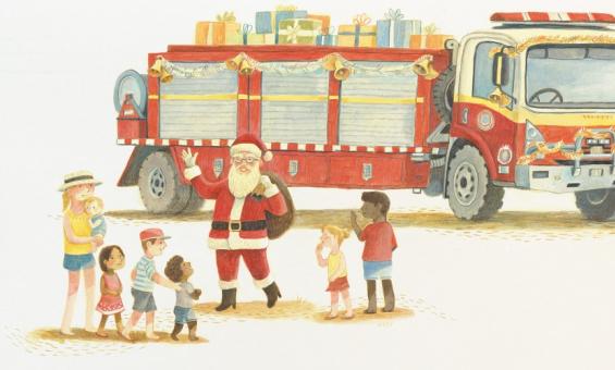 An illustration of a fire truck loaded up with presents and decorated with tinsel. Santa is standing next to the fire truck, carrying a sack. He is greeting several children and adults.