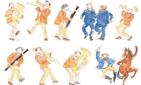 Illustrations of people and a horse playing instruments and dancing