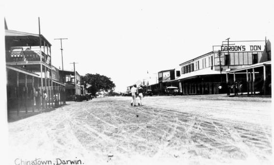 Black and white photo of an empty street in Chinatown, Darwin