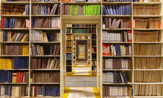 Rows of shelves filled with colourful books and doorways lined down the middle