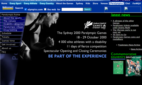 Screenshot of an old website with a blue colour scheme, open to a page with information about the 2000 Paralympics with an image of an athlete running