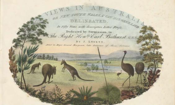 An illustrated book cover with 3 kangaroos and 3 emus in the foreground surrounded by native flora, with a lake and trees in the background