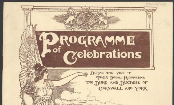 Illustrated cover featuring an angelic figure beside the map of Australia for the programme of celebrations marking the opening of the first Parliament, May 1901