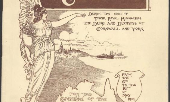 Illustrated cover featuring an angelic figure beside the map of Australia for the programme of celebrations marking the opening of the first Parliament, May 1901