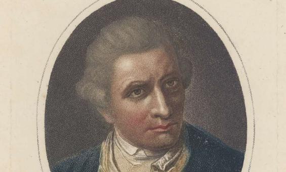 Engraved portrait of James Cook in an 18th-century naval uniform, featuring a high-collared coat with buttons and light-coloured waistcoat. The illustration includes a small scene below showing a group of people interacting near the shore.