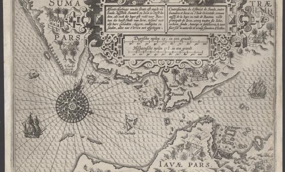 An old black and white map of the Sunda Strait decorated with pictures of navigational symbols, landmarks and ships
