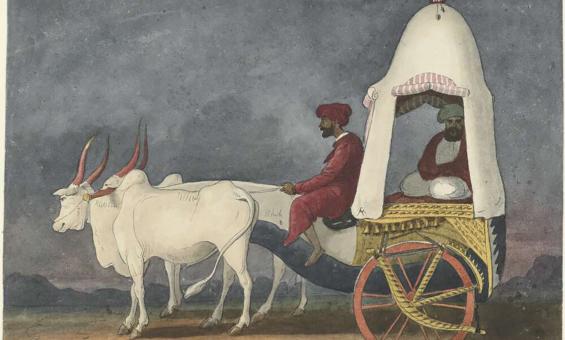 A painting of an Indian bullock cart being drawn by two white oxen with large, curved horns. A man dressed in red sits on the front of the cart guiding the oxen, while another man in traditional attire is seated comfortably under a domed canopy in the back of the cart. The backdrop features a muted evening sky with distant mountains, adding to the serene and regal atmosphere of the scene.