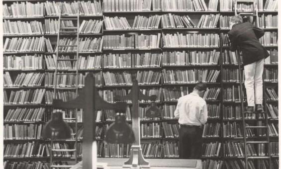 Two men, one on a ladder, looking at books on large bookshelf at the State Library of Victoria