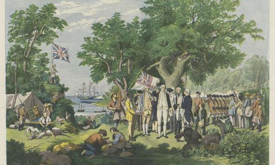 This illustration from 1865 showing Captain James Cook's arrival in Australia. Cook is depicted with his crew raising the British flag as they take possession of the land on behalf of the British Crown in 1770. Indigenous people are shown in the background observing the scene. Ships are anchored in the bay, while a variety of people, including soldiers and sailors, are engaged in various activities.