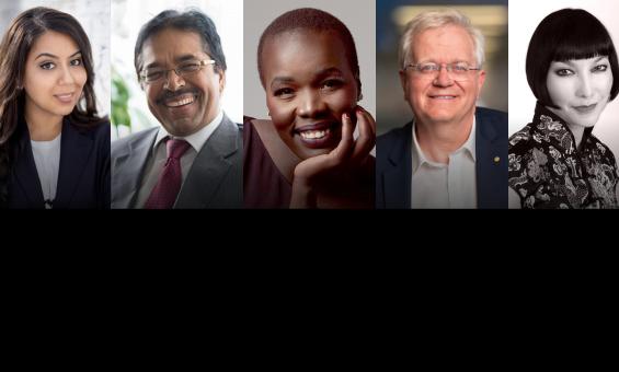Headshots of Mariam Veiszadeh, Om Dhungel, Nyadol Nyuon OAM and Professor Brian Schmidt AC FAA FRS, and Claudia Chan Shaw.