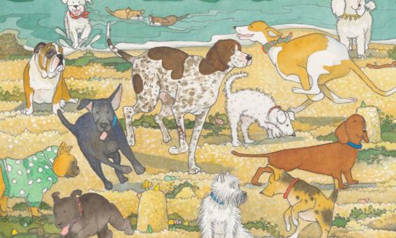 Cover detail from the front cover of the book 'Dog Beach' showing dogs playing on a beach