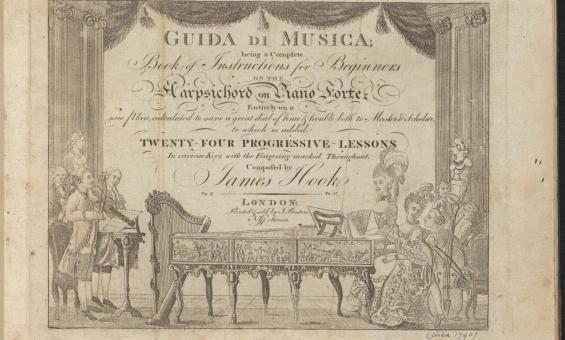 Title page of a landscape oriented printed book: ornate engraving featuring musical performers. Scene is framed by theatre curtains.