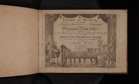 Title page of a landscape oriented printed book: ornate engraving featuring musical performers. Scene is framed by theatre curtains.