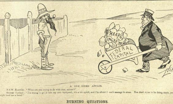 A comic panel on yellowed newspaper paper. A large well-dressed man wearing a top hat that says 'Capital' is pushing a wheelbarrow marked 'Federal Capital' which is full of material marked 'Unearned increments'. He is pushing it towards a a man dressed in workwear wearing a hat marked 'NSW Elector'. The title below the comic reads 'A One-sided Affair'
