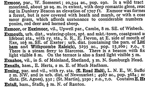 Excerpt from John Bartholomew and Son, Gazetteer of the British Isles, 9th ed., 1970, showing alphabetical listing of place names with details of each.