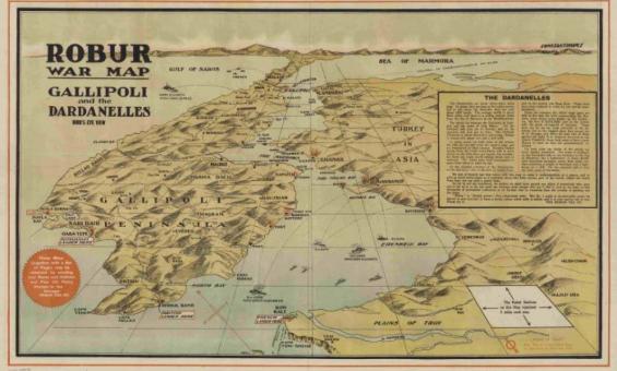 Shows British and Allied landings on 25 April 1915 and later; the range of 12 and 15 inch naval guns depicted. Relief shown by shading, and pictorially.